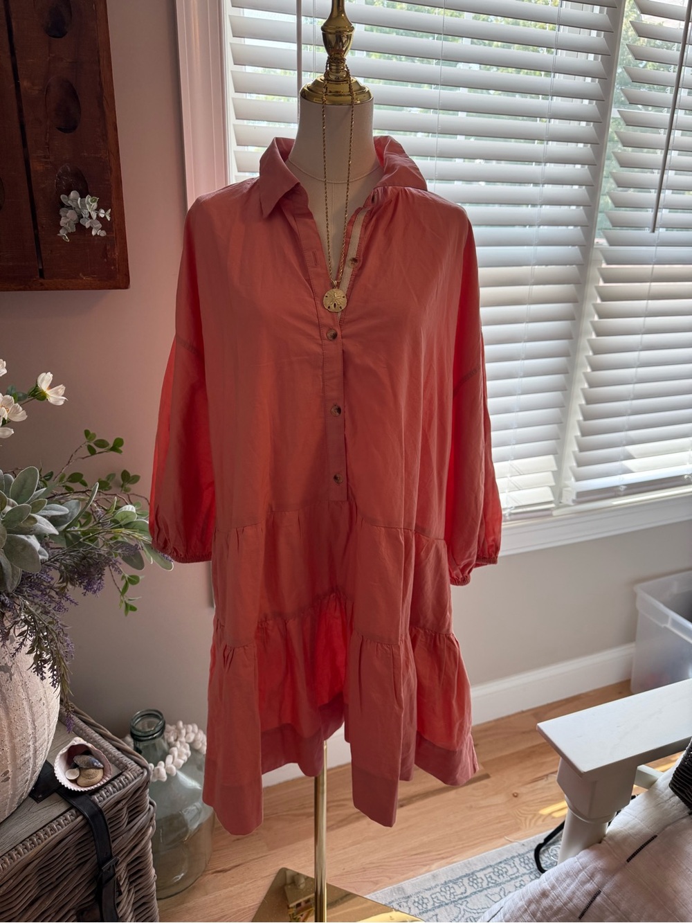 Free People Coral Tiered Button-Front Mini Dress